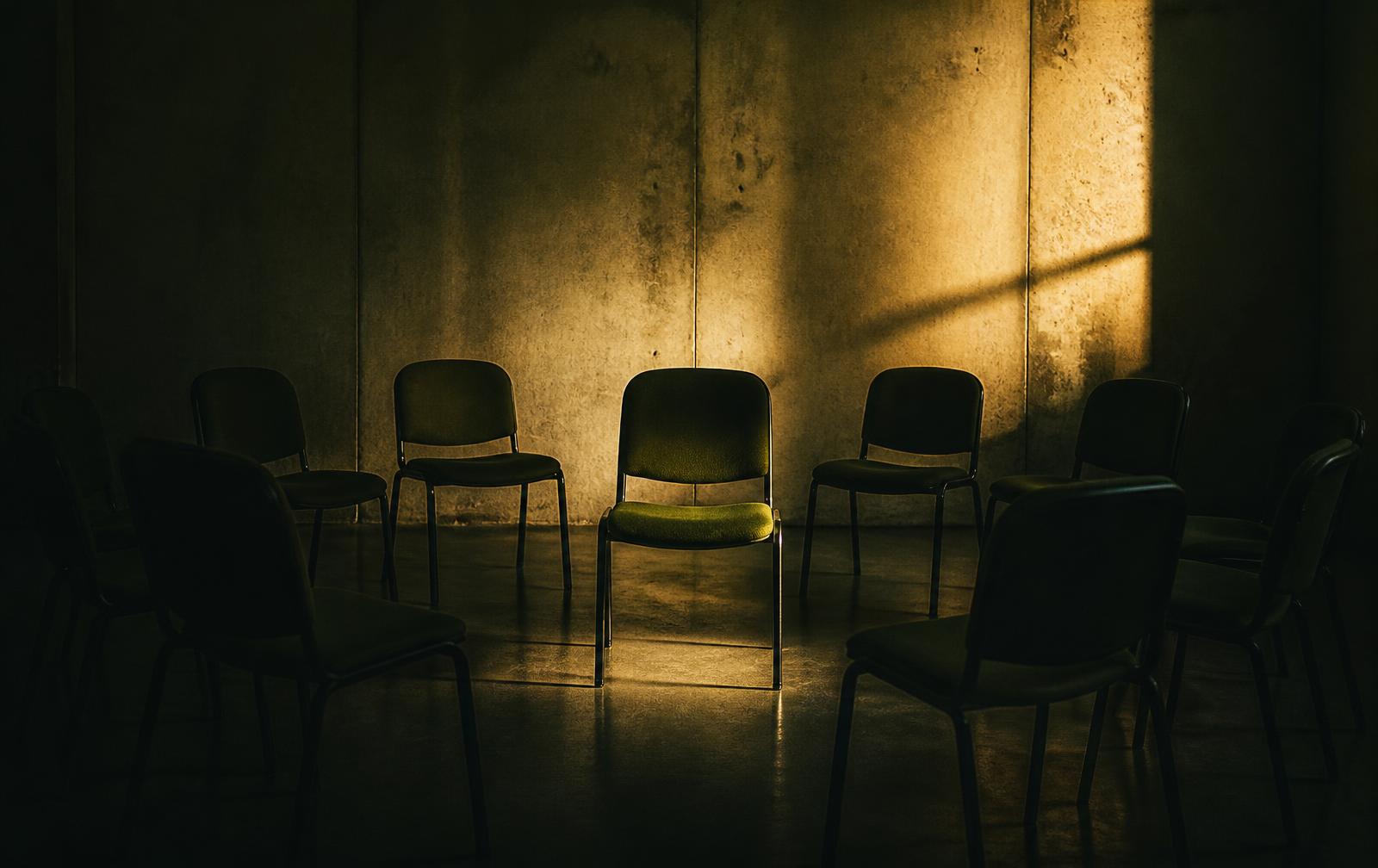 A circle of empty chairs in a bare room lit by low amber light