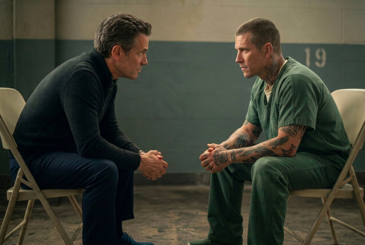 A casually dressed executive and a tattooed incarcerated man seated across from each other in intense conversation