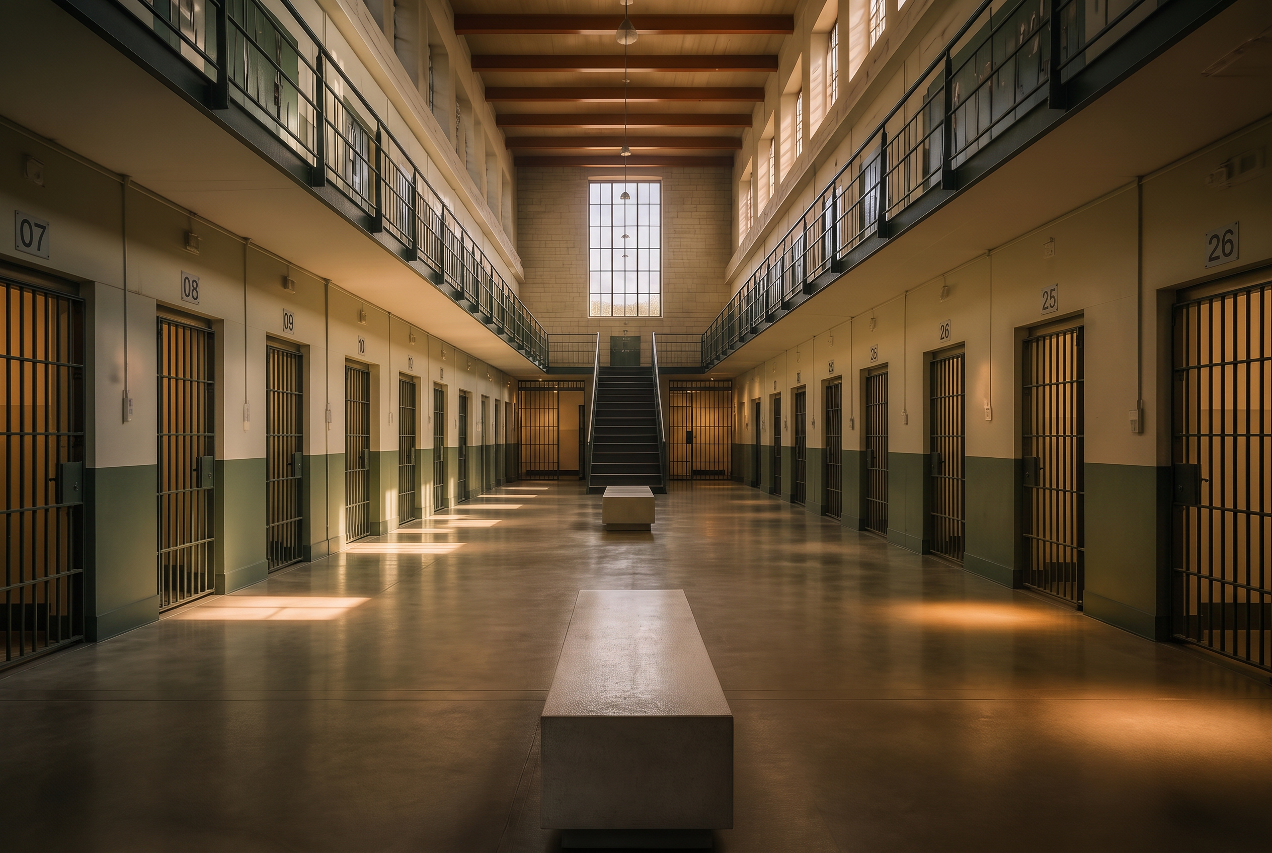 A sunlit, symmetrical prison cellblock corridor with warm amber light pooling on the floor and numbered cell doors replaced by vertical bars receding into the distance