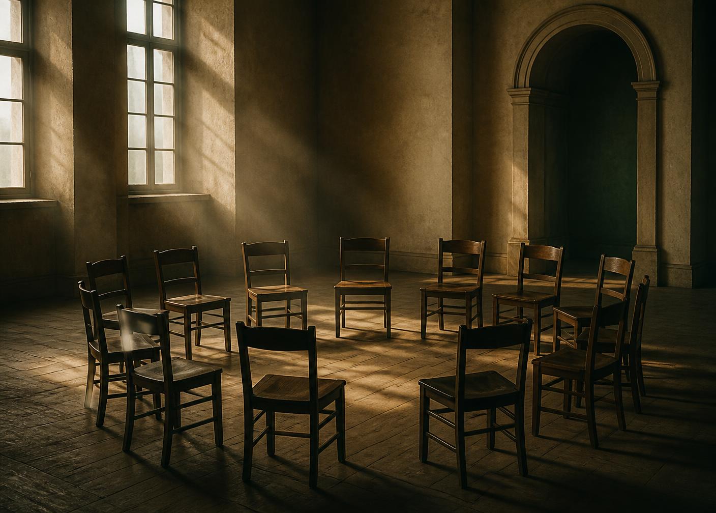 An empty circle of wooden chairs in a sunlit room