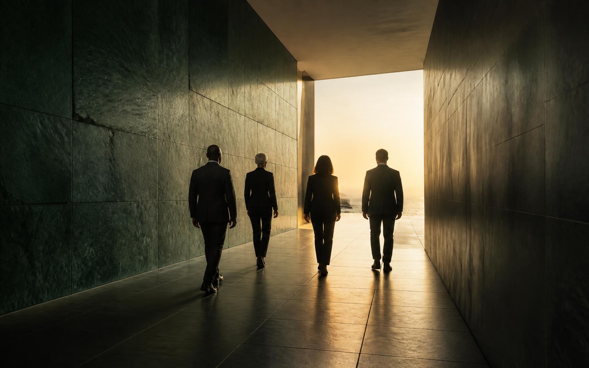 A team of senior executives walking together toward bright daylight